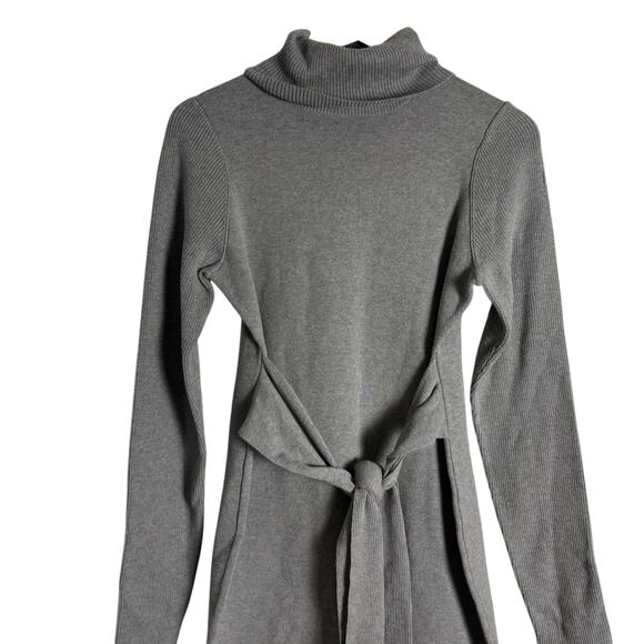 Toccin Gray Knit Tie Front Turtleneck Long Sleeve Sweater Midi Dress Sz M - Picture 7 of 15